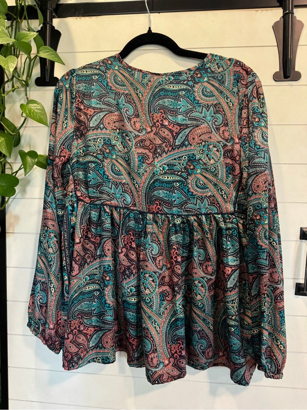 Free People Paisley Embroidered Peasant Top - Teal, Coral & Black